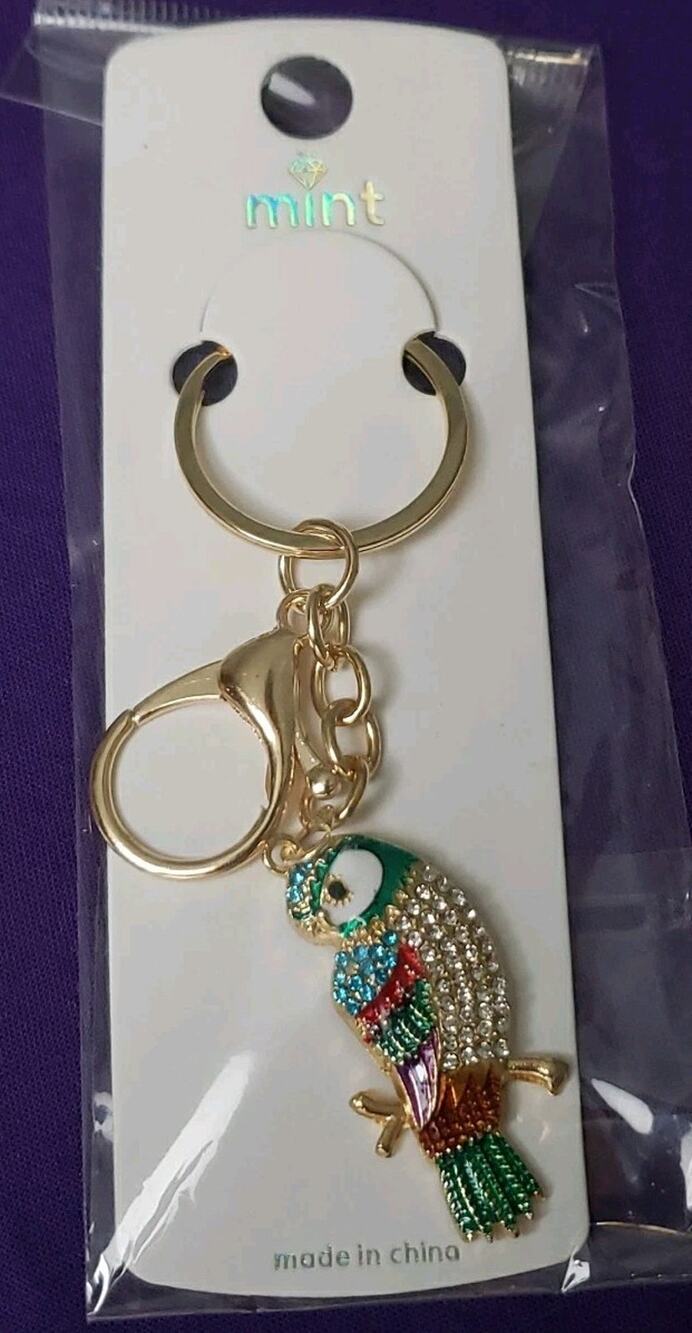 Mint Multicolor Parrot Bird Rhinestone Purse Charm Key Ring Chain Gold Tone New